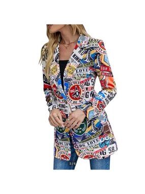 Retro Graphic Print Blazer Jacket Size M Multicolor Pop Art Streetwear Statement